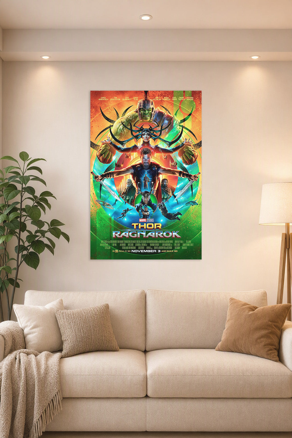 Thor: Ragnarok in a bright living room above a beige sofa.