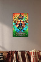 Thor: Ragnarok in a cozy movie room above a brown sofa with popcorn.