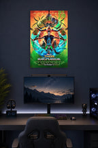 Thor: Ragnarok in a gaming desk setup above a monitor.