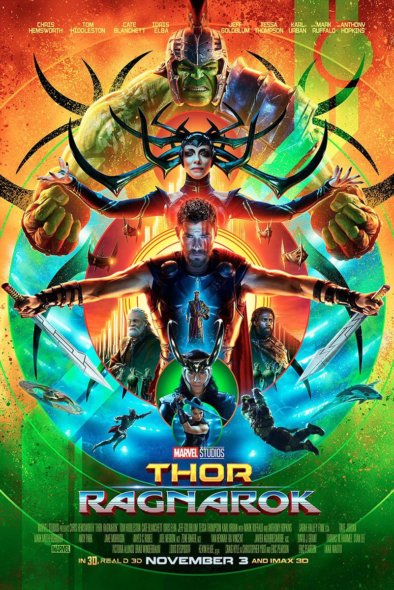 Thor Ragnarok poster features Thor with crossed swords, Hela, Hulk, Loki and cosmic scenes in vivid orange, green and blue.