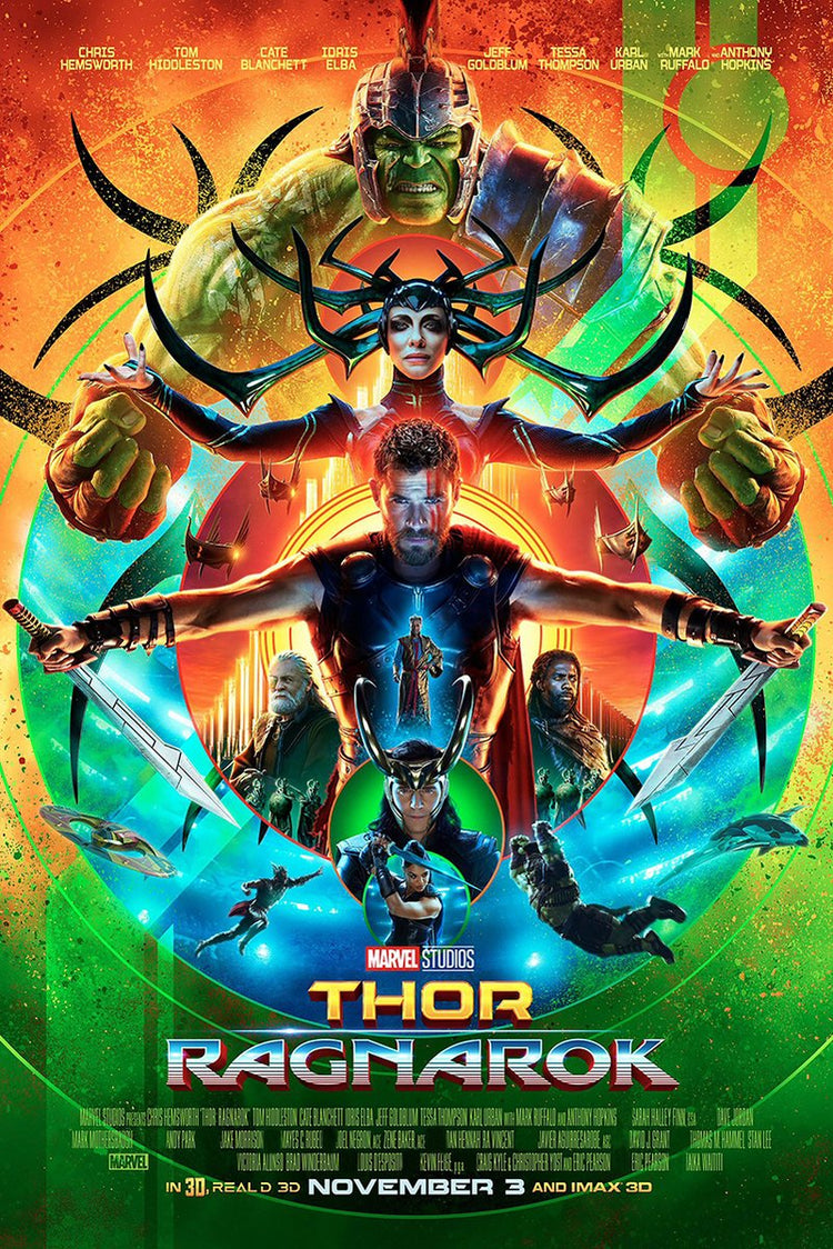 Thor Ragnarok poster features Thor with crossed swords, Hela, Hulk, Loki and cosmic scenes in vivid orange, green and blue.