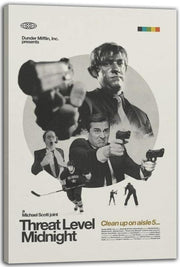 Threat Level Midnight canvas wall art print featuring a grayscale gunman collage, cream background, and yellow Cleanup on aisle 5 tagline.