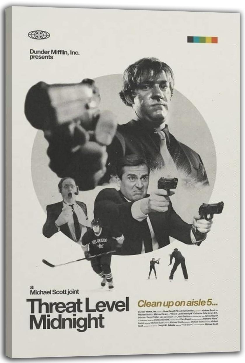Threat Level Midnight canvas wall art print featuring a grayscale gunman collage, cream background, and yellow Cleanup on aisle 5 tagline.