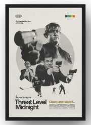 Threat Level Midnight framed wall art print in a black frame, with men aiming pistols and retro monochrome film-poster typography.