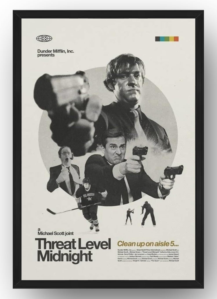 Threat Level Midnight framed wall art print in a black frame, with men aiming pistols and retro monochrome film-poster typography.