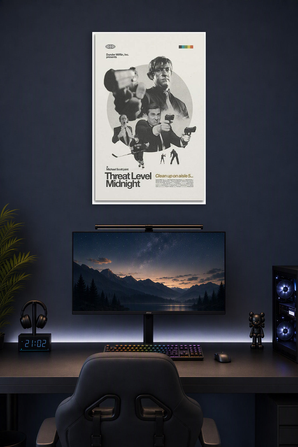 Threat Level Midnight Movie Poster in a gaming desk setup above a monitor.