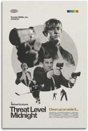 Threat Level Midnight poster with a monochrome action collage of suited men aiming guns, a hockey player, and bold title text.