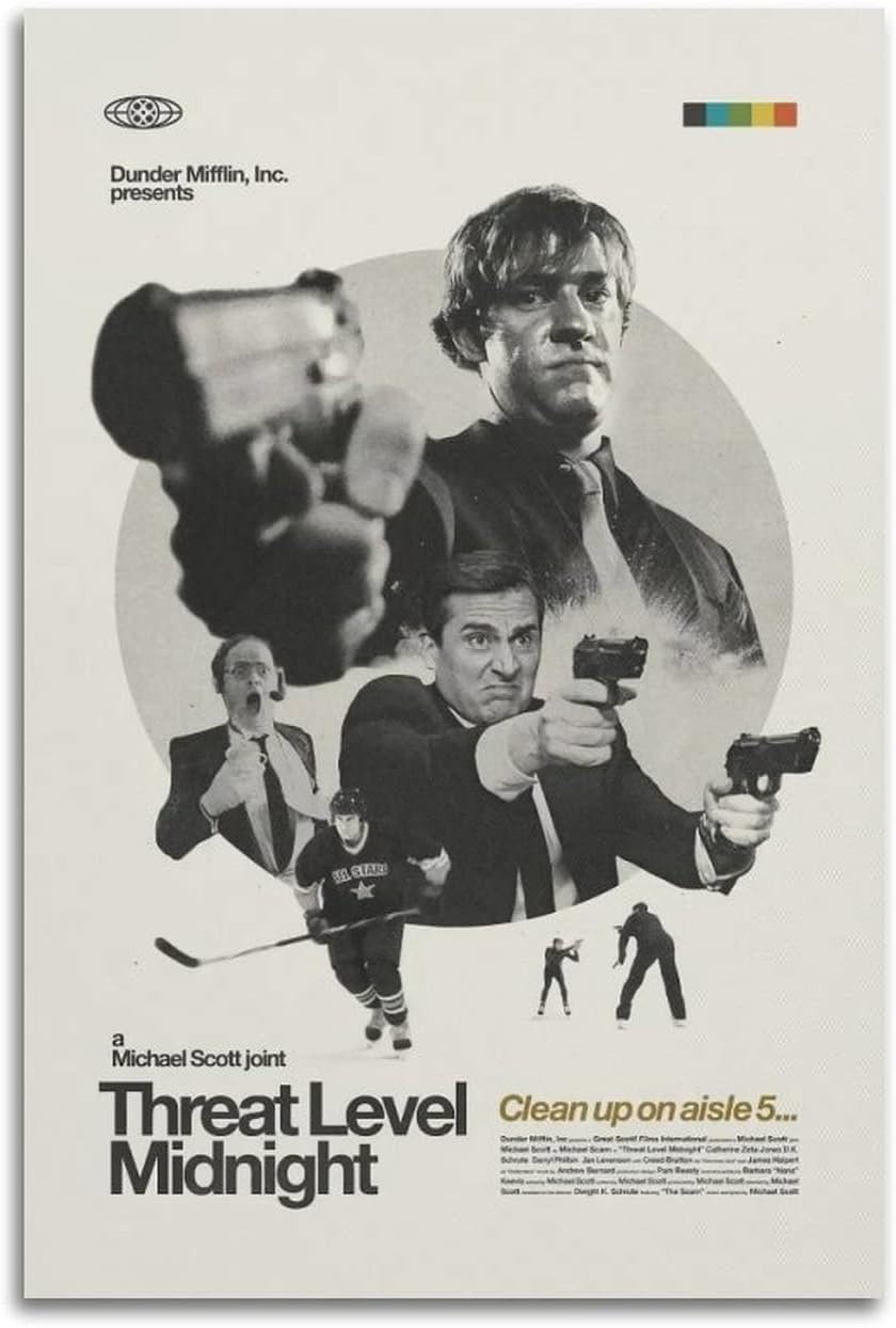 Threat Level Midnight poster with a monochrome action collage of suited men aiming guns, a hockey player, and bold title text.