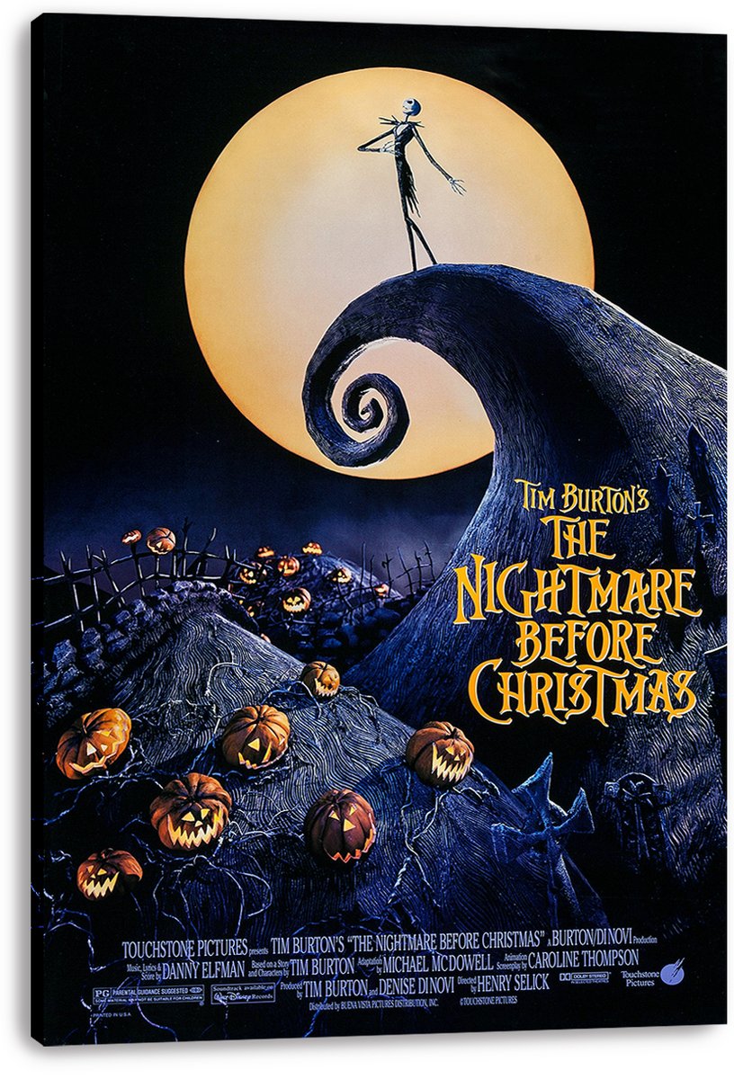 The Nightmare Before Christmas canvas wall art print displays Jack Skellington on a curled hill, moonlit sky, pumpkins, and title text.