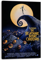 The Nightmare Before Christmas canvas wall art print displays Jack Skellington on a curled hill, moonlit sky, pumpkins, and title text.