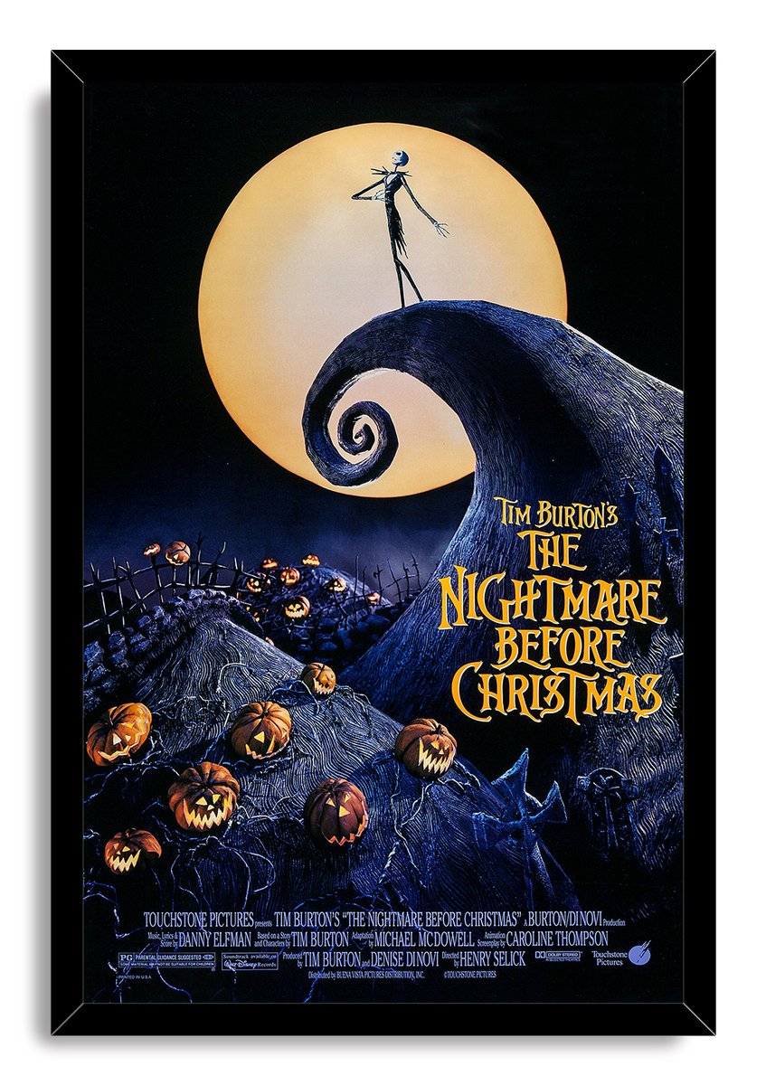 The Nightmare Before Christmas framed wall art print features Jack Skellington atop Spiral Hill with a golden moon and carved pumpkins.