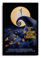 The Nightmare Before Christmas framed wall art print features Jack Skellington atop Spiral Hill with a golden moon and carved pumpkins.
