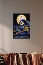 Tim Burton's The Nightmare Before Christmas in a cozy movie room above a brown sofa with popcorn.