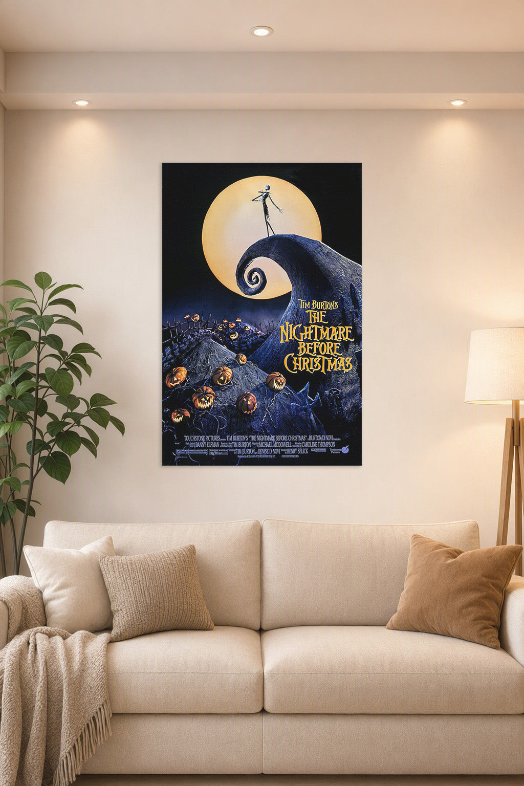 Tim Burton's The Nightmare Before Christmas in a bright living room above a beige sofa.