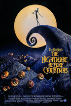The Nightmare Before Christmas poster features Jack Skellington on Spiral Hill beneath a full moon and glowing jack-o'-lanterns.