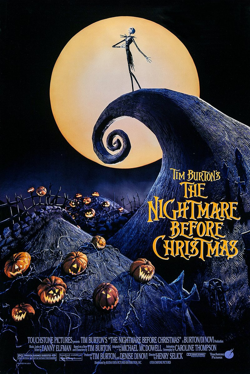 The Nightmare Before Christmas poster features Jack Skellington on Spiral Hill beneath a full moon and glowing jack-o'-lanterns.