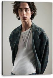 Timothée Chalamet canvas wall art print features a front-facing portrait in a blue-gray plaid blazer and white shirt.