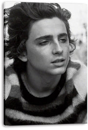 Timothée Chalamet canvas wall art print presents a monochrome close-up portrait, with visible wrapped canvas edges.