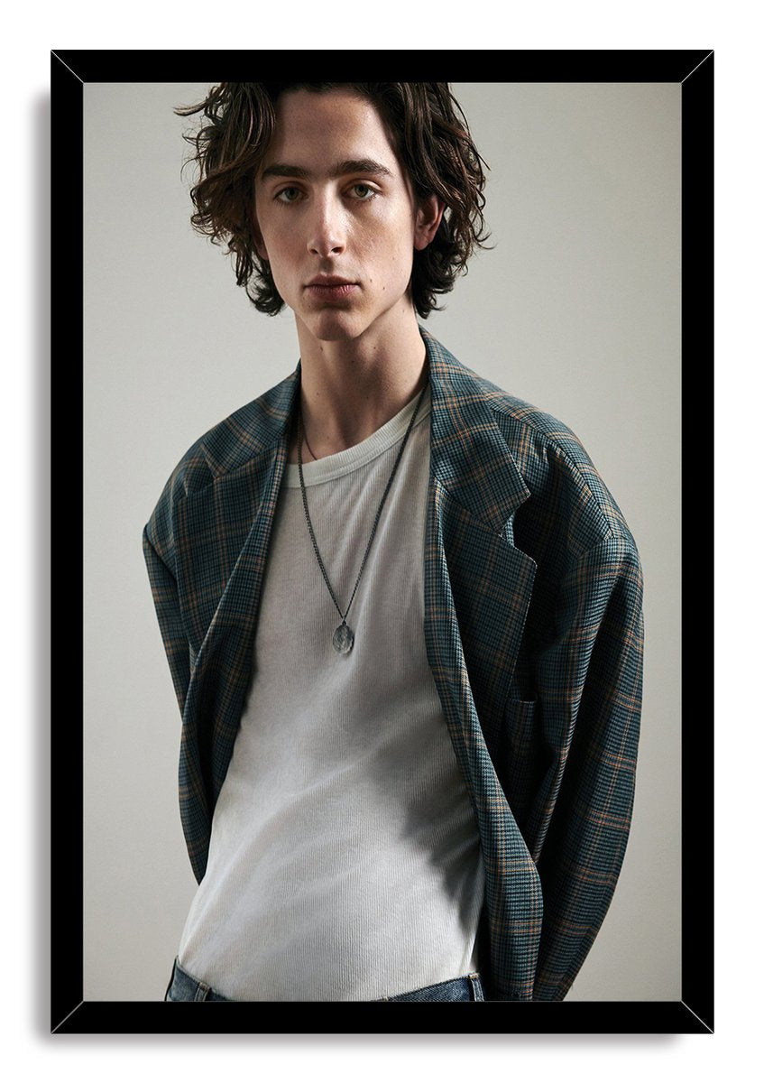 Timothée Chalamet framed wall art print presents his portrait with tousled dark hair, plaid blazer, and black frame.