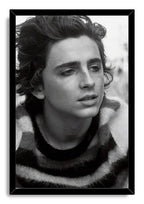 Timothée Chalamet framed wall art print displays a black-and-white portrait in a sleek black rectangular frame.