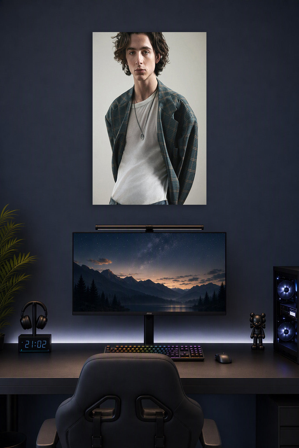 Timothée Chalamet in a gaming desk setup above a monitor.