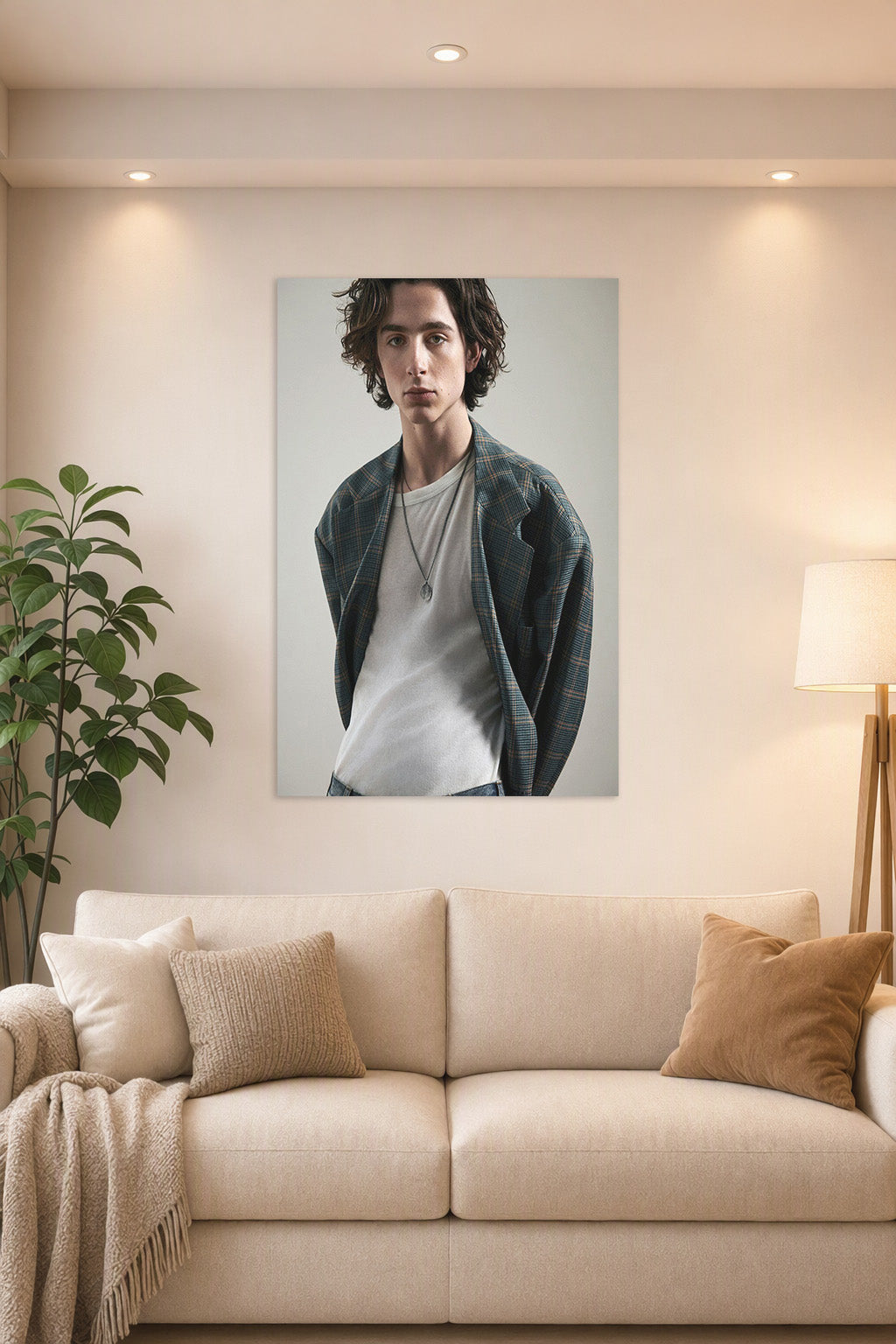 Timothée Chalamet in a bright living room above a beige sofa.