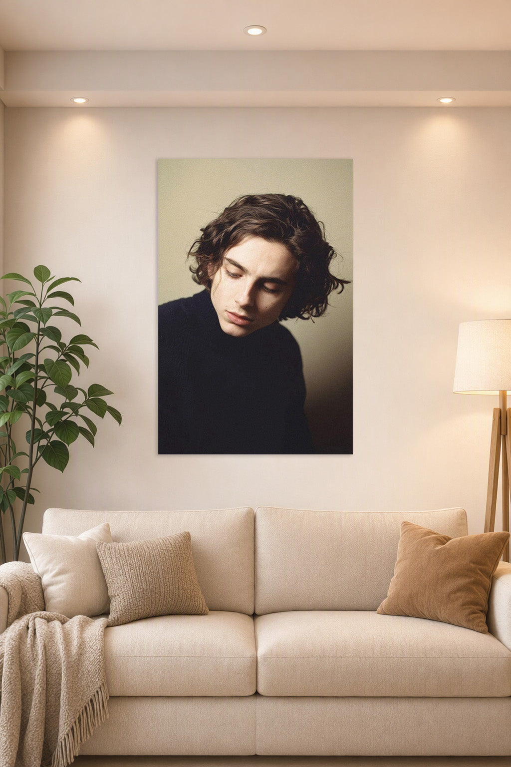 Timothée Chalamet in a bright living room above a beige sofa.