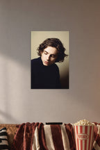 Timothée Chalamet in a cozy movie room above a brown sofa with popcorn.