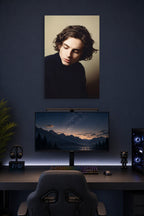 Timothée Chalamet in a gaming desk setup above a monitor.