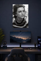 Timothée Chalamet in a gaming desk setup above a monitor.