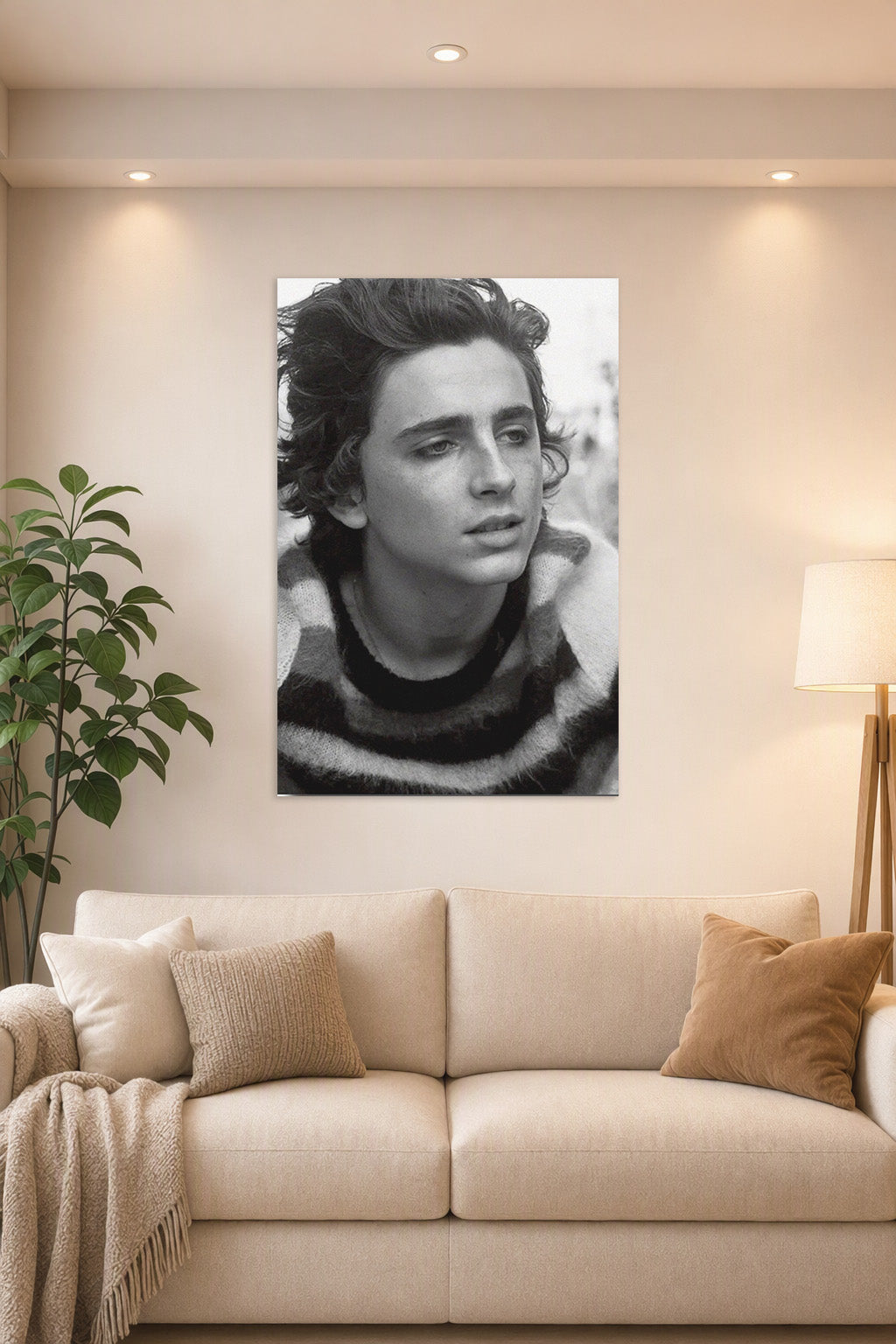 Timothée Chalamet in a bright living room above a beige sofa.