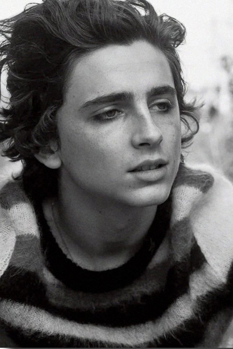 Timothée Chalamet poster features a black-and-white close portrait with tousled dark hair and a striped knit sweater.