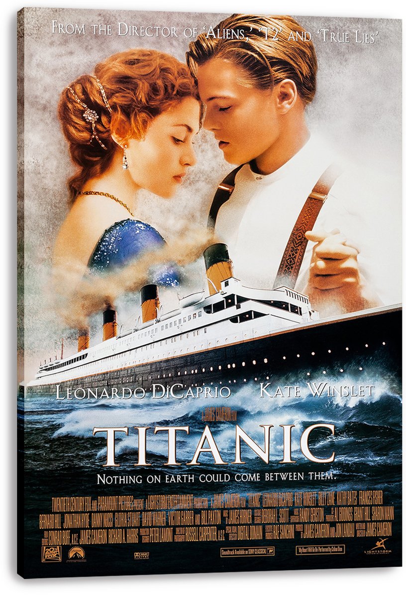 Titanic movie poster canvas print featuring Jack and Rose close together above the white ocean liner and stormy blue sea.