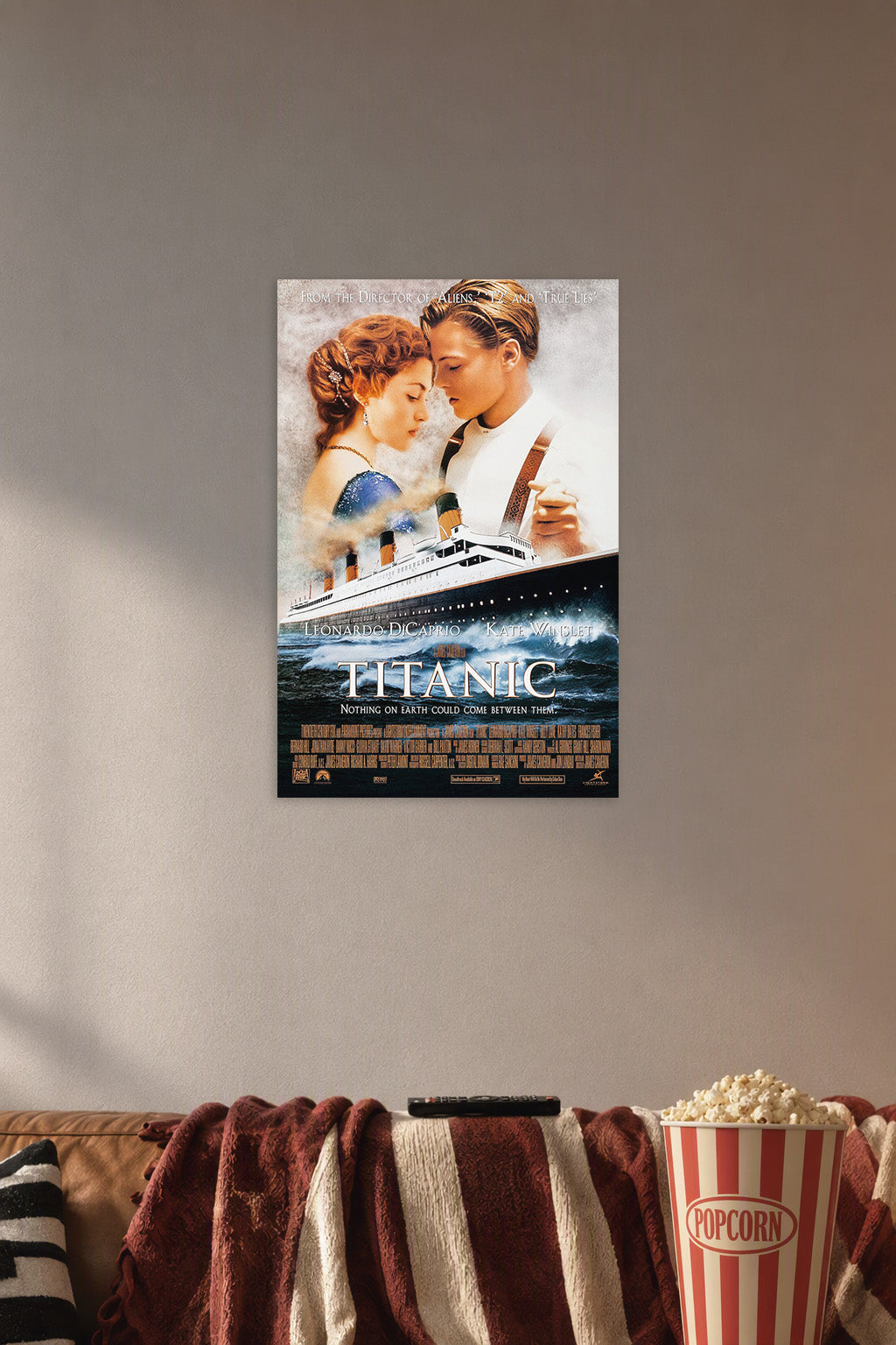 Titanic Movie Jack and Rose in a cozy movie room above a brown sofa with popcorn.