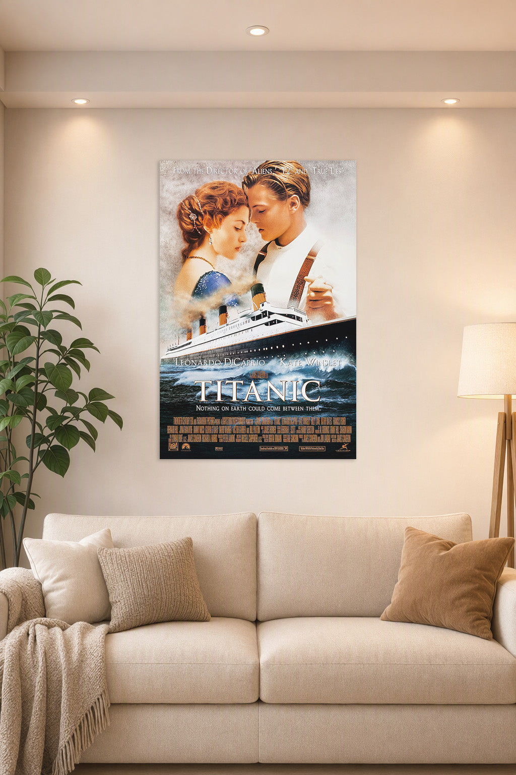Titanic Movie Jack and Rose in a bright living room above a beige sofa.