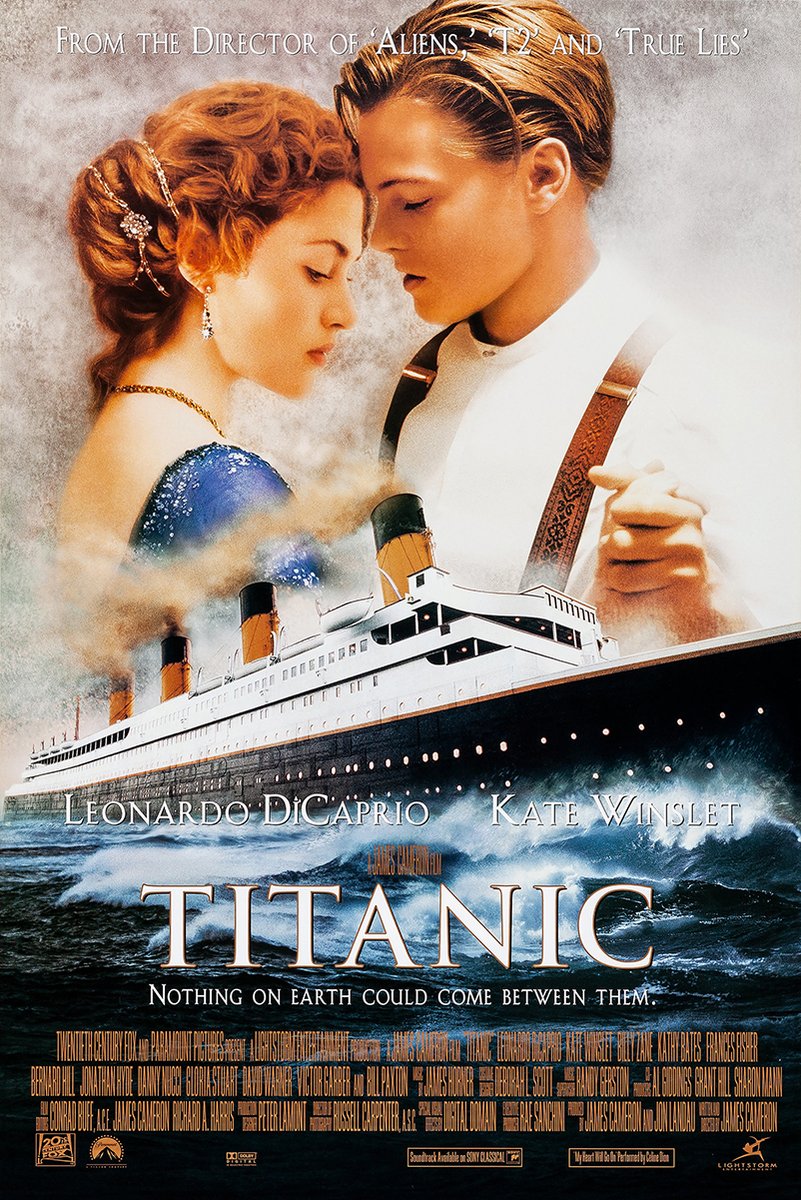 Titanic movie poster wall art print featuring Jack and Rose in an embrace above the RMS Titanic sailing through dark blue waves.