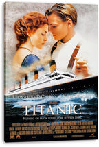 Titanic movie poster canvas print featuring Jack and Rose in a close embrace above the ship and stormy sea.