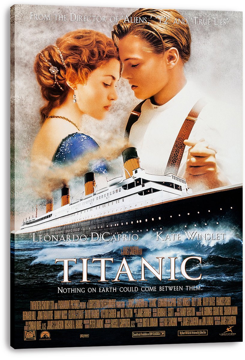 Titanic movie poster canvas print featuring Jack and Rose in a close embrace above the ship and stormy sea.