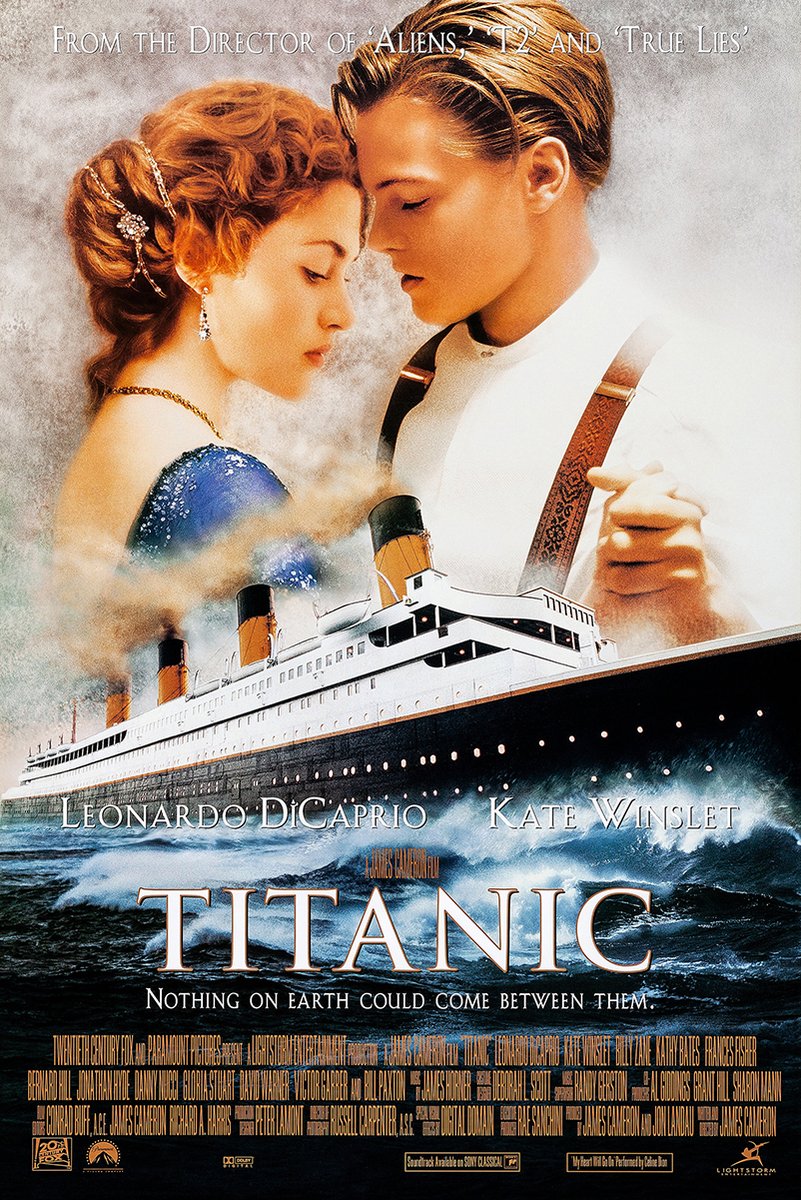 Titanic movie poster wall art print with Jack and Rose embracing above the ocean liner sailing through dark blue waves.