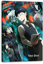 Tokyo Ghoul canvas wall art print featuring Ken Kaneki holding a book, with masked and red-eyed characters in a glowing urban collage.