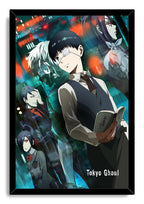Tokyo Ghoul framed wall art print with Ken Kaneki reading in the foreground and four anime character portraits amid teal and red lights.