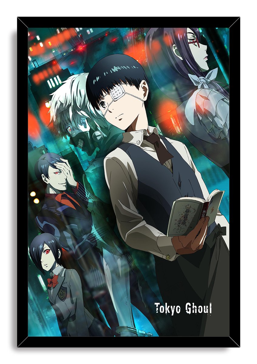 Tokyo Ghoul framed wall art print with Ken Kaneki reading in the foreground and four anime character portraits amid teal and red lights.