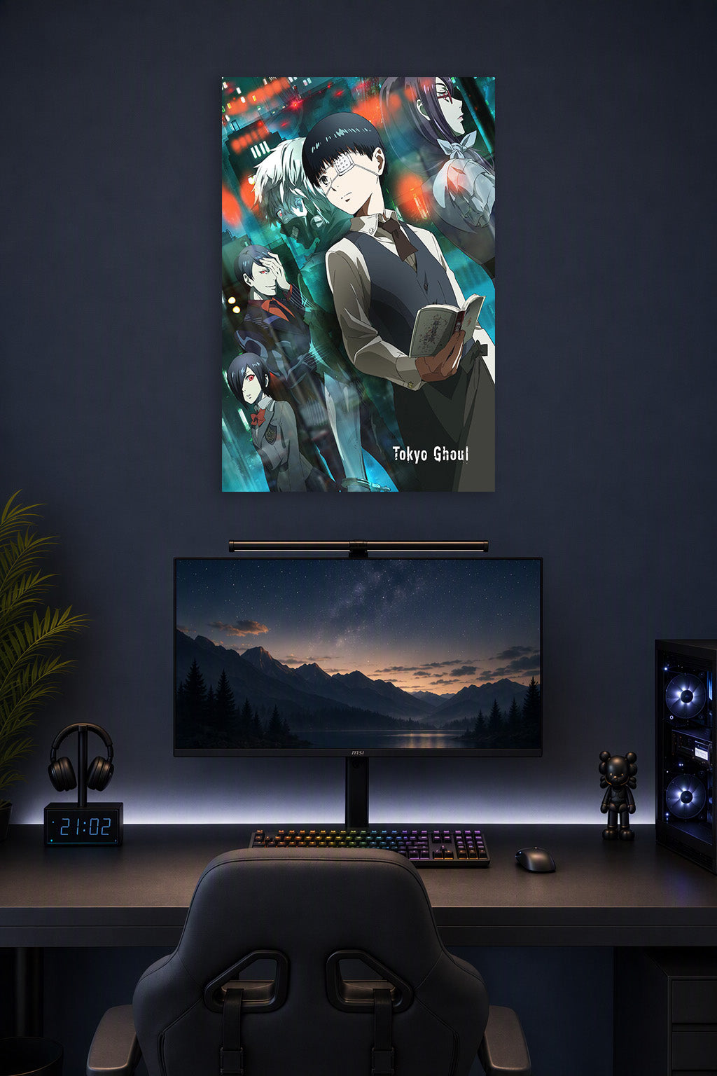 Tokyo Ghoul Anime Characters in a gaming desk setup above a monitor.