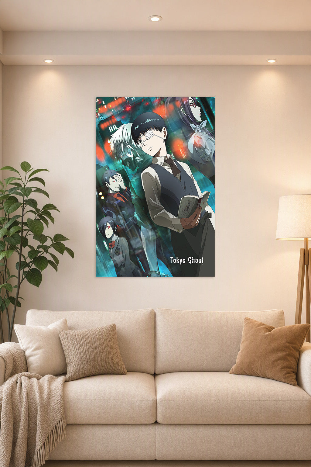 Tokyo Ghoul Anime Characters in a bright living room above a beige sofa.