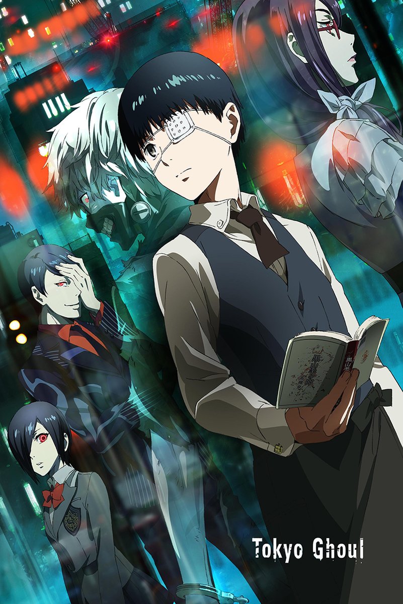 Tokyo Ghoul poster featuring Ken Kaneki with an eyepatch and book, surrounded by characters against a neon teal and red cityscape.