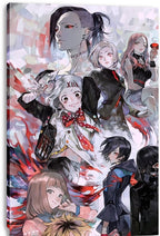 Tokyo Ghoul canvas wall art print in a side-view presentation, featuring anime characters, red swirling tendrils, and soft gray-white tones.
