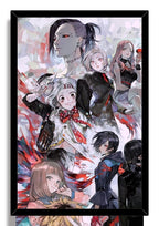 Tokyo Ghoul framed wall art print featuring a cropped ensemble of anime characters amid vivid red tendrils on a pale abstract backdrop.
