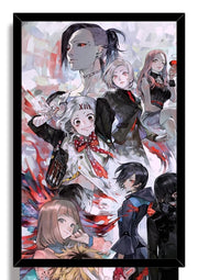 Tokyo Ghoul framed wall art print featuring a cropped ensemble of anime characters amid vivid red tendrils on a pale abstract backdrop.