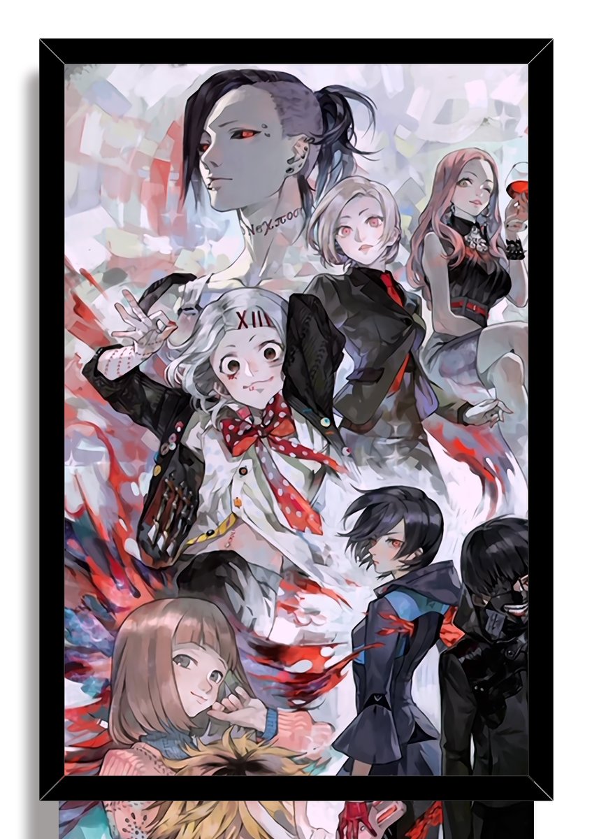Tokyo Ghoul framed wall art print featuring a cropped ensemble of anime characters amid vivid red tendrils on a pale abstract backdrop.