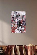 Tokyo Ghoul Iconic Characters in a cozy movie room above a brown sofa with popcorn.